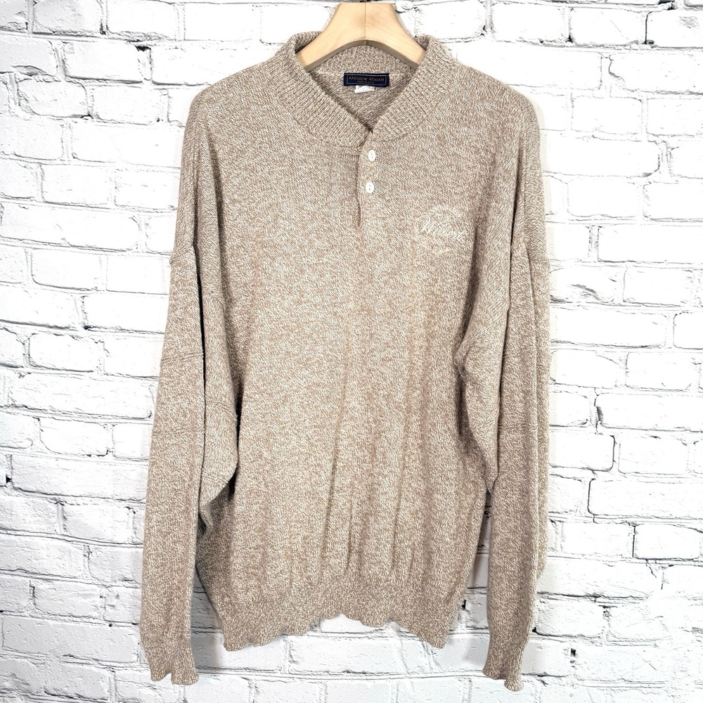 Vintage Andrew Rohan Cotton Knit Henley Sweater Tan 2XL USA Wilbert Way Vault Co